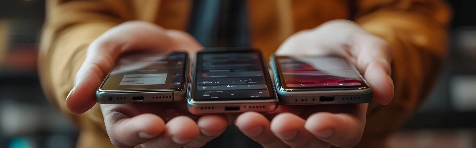 person-examining-multiple-smartphone-devices-battery-life-features-retail-store