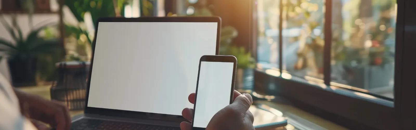 person-using-smart-phone-with-blank-screen-laptop-table