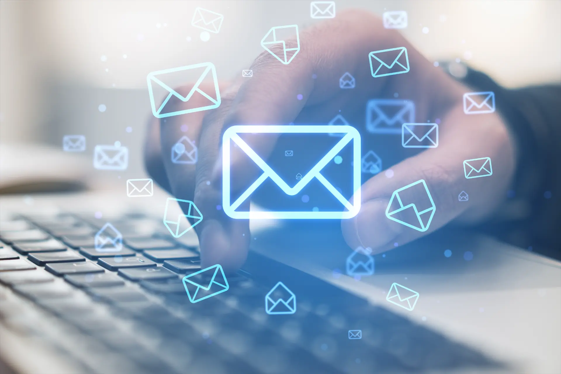 close-up-businessman-hands-using-laptop-keyboard-desk-with-glowing-email-letter-icons-blurry-background-communication-business-message-concept