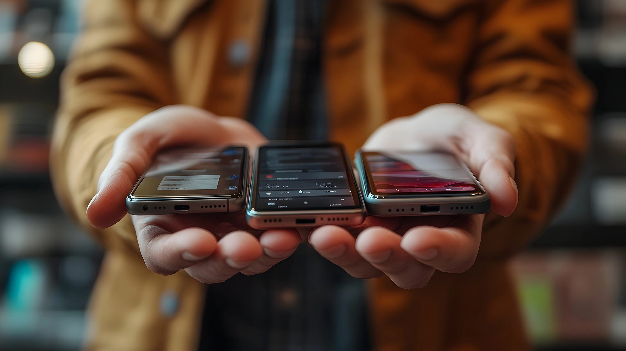 person-examining-multiple-smartphone-devices-battery-life-features-retail-store